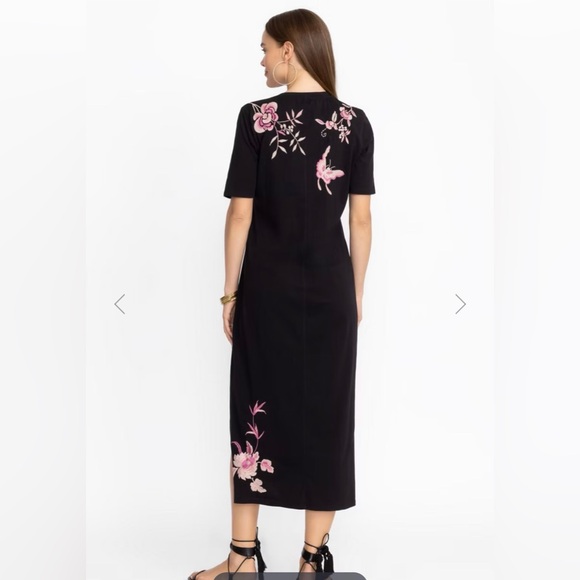 Johnny Was Trapunto V-Neck Rosalyn Black Dress with Pink Floral Design size PXS - Picture 2 of 9